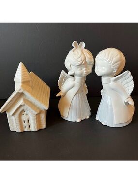 Vintage White Ceramic Kissing Angel Figurines Church Hand Painted Heavenly Xmas